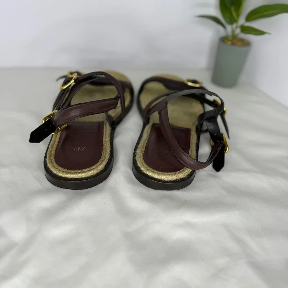 Zara Burgundy Leather Jute Buckle Strappy Flat Sandals Shoes Womens 39 8.5 - Picture 6 of 10